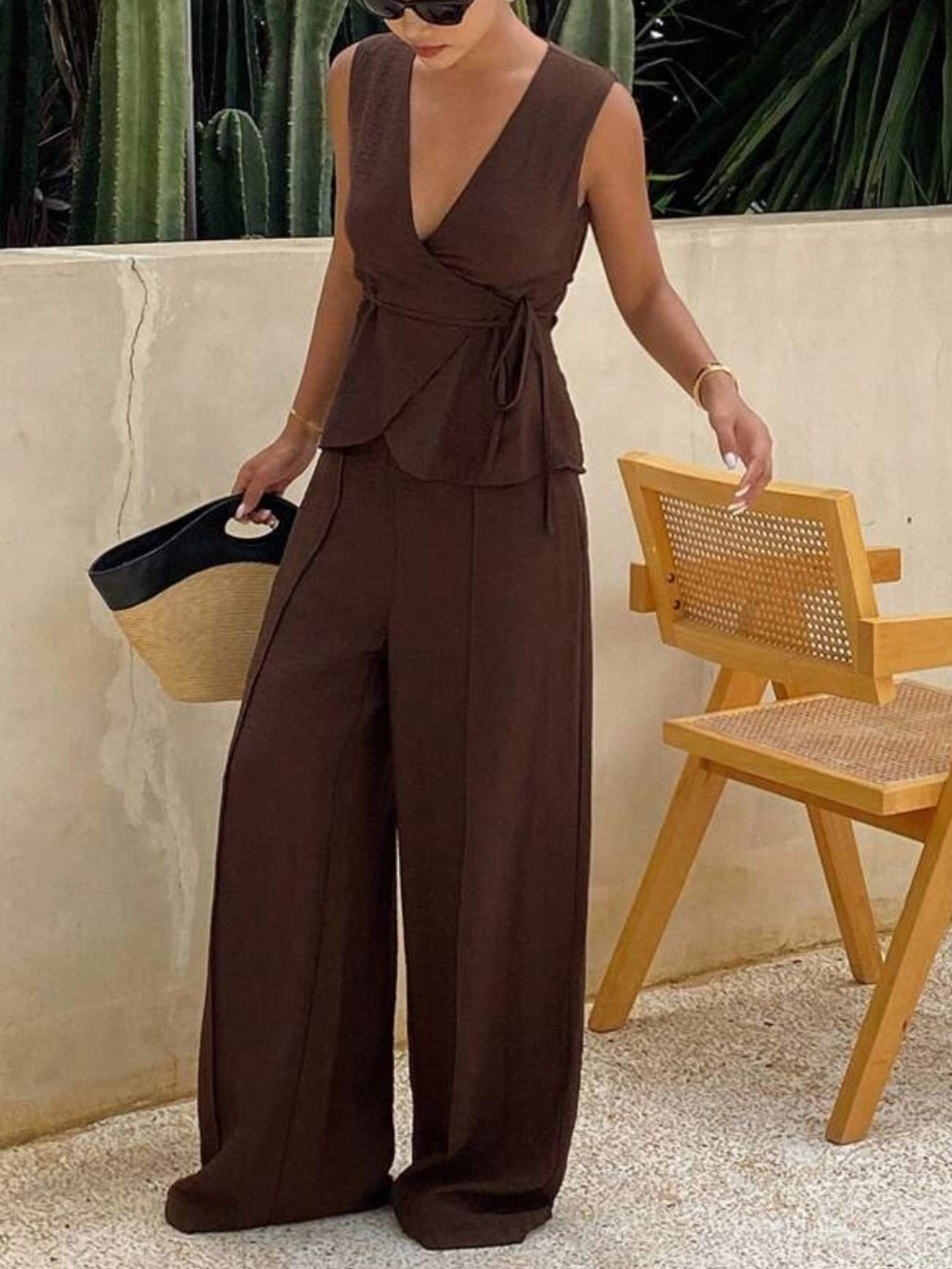 2 piece Brown Sleeveless Wrap-Top Wide Leg pants